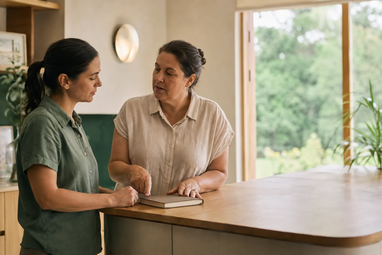 Two care team colleagues reviewing a handoff together in a warm residential workspace