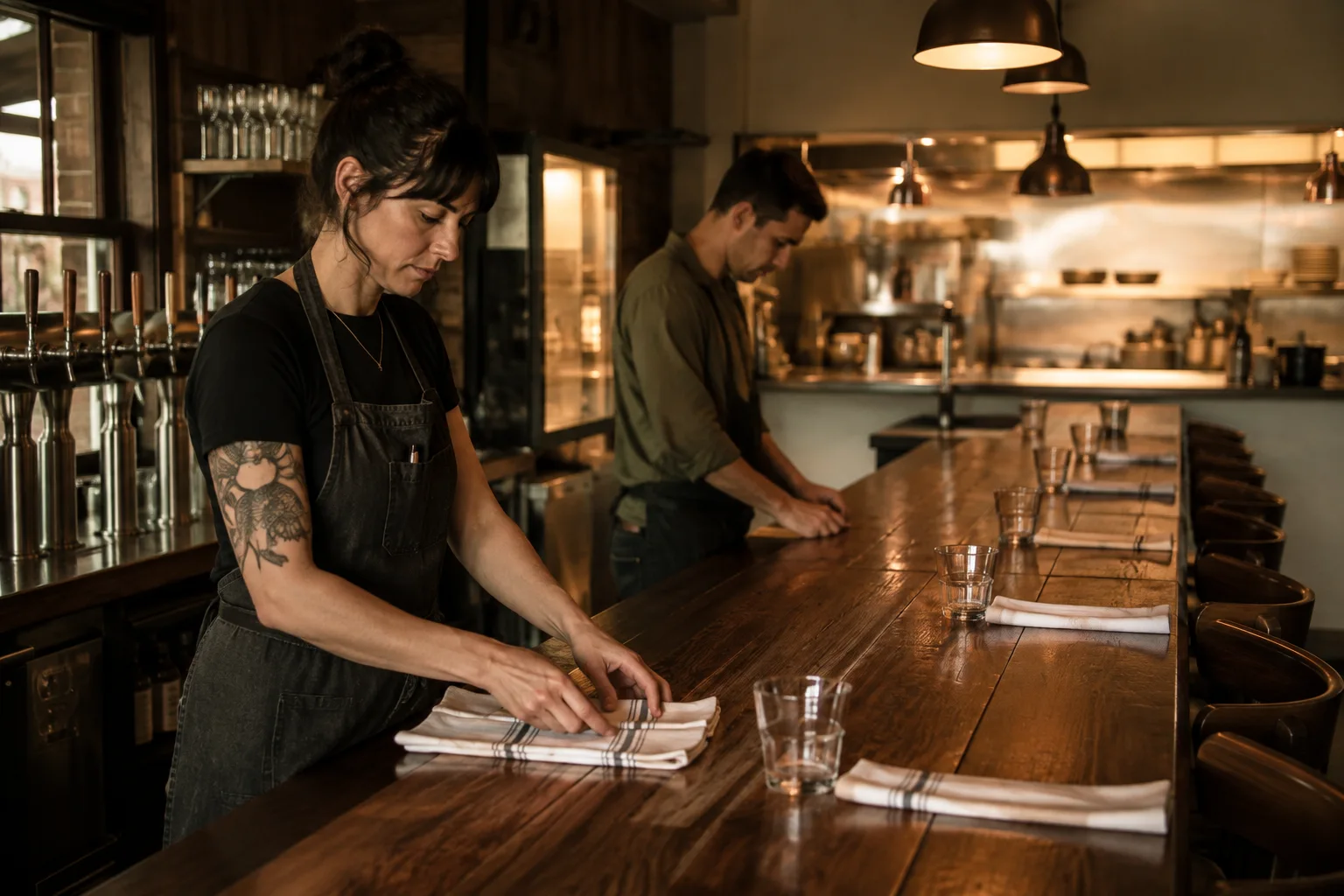 Restaurant team preparing a warmly lit bar before service